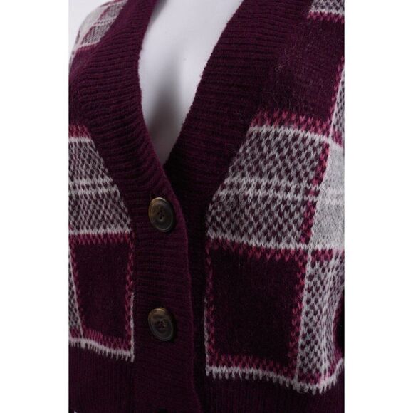 Mother Womens Slim Low Plaid Cardigan Sweater Sz M Purple Cropped Alpaca NWT - Picture 4 of 6